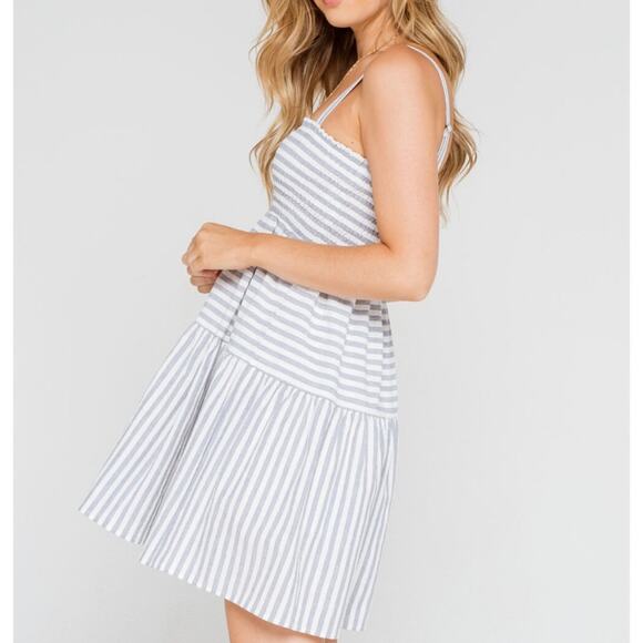Urban Outfitters Lumiere Stripe Smocked Babydoll Dress Blue White Small - Picture 2 of 7